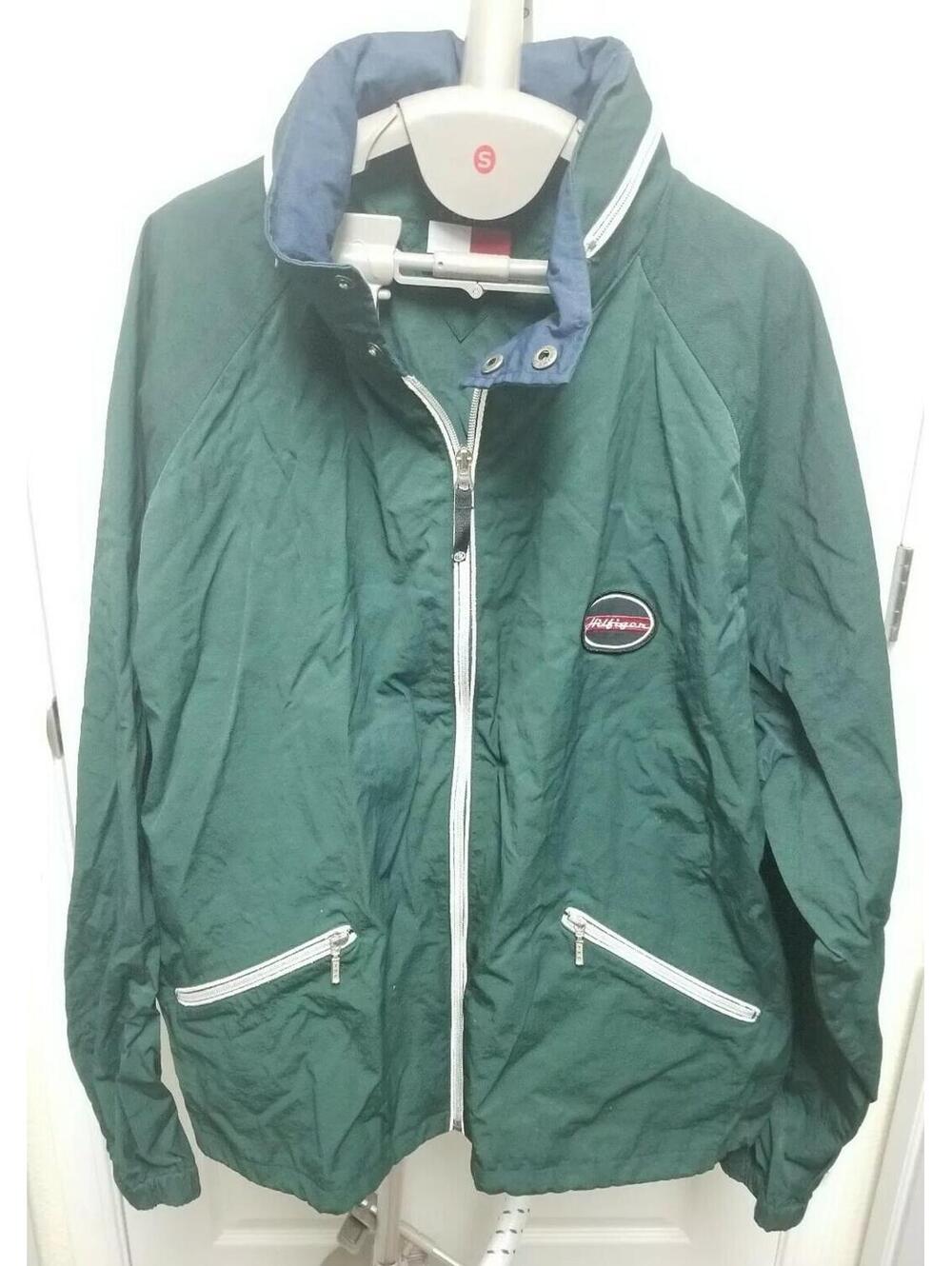 Vintage 1990s Tommy Hilfiger Windbreaker Jacket Mens XL Hood Zip Up Green Patch